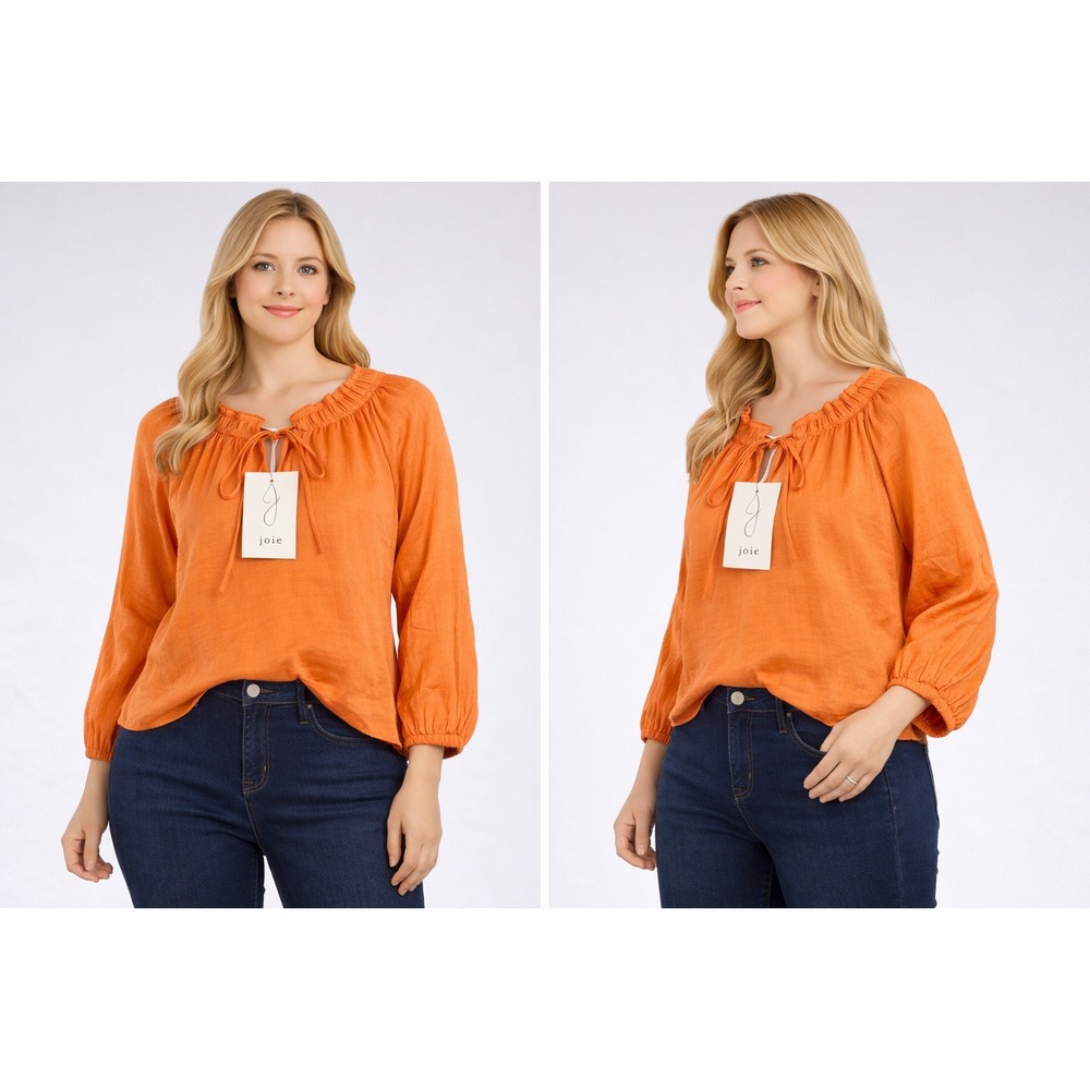 Joie Women XL Orange Peasant Blouse Ruffle Neck Boho Top Long Sleeve Peasant NWT